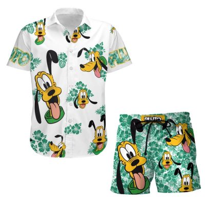 Pluto Dog Hibiscus Summer Tropical Print Disney Hawaiian Button Down Shirt Shorts Set Unisex Outfits