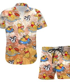 Pooh Swimming Beach Summer Tropical Print Disney Hawaiian Button Down Shirt Shorts Set Unisex Outfits