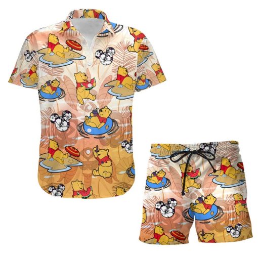 Pooh Swimming Beach Summer Tropical Print Disney Hawaiian Button Down Shirt Shorts Set Unisex Outfits