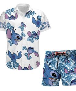 Stitch Blue Hibiscus Summer Tropical Print Disney Hawaiian Button Down Shirt Shorts Set Unisex Outfits