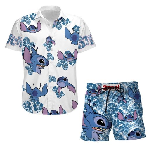 Stitch Blue Hibiscus Summer Tropical Print Disney Hawaiian Button Down Shirt Shorts Set Unisex Outfits