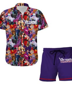 Villains Purple Red Pattern Summer Disney Hawaiian Button Down Shirt Shorts Set Unisex Outfits_1