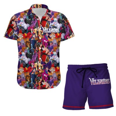 Villains Purple Red Pattern Summer Disney Hawaiian Button Down Shirt Shorts Set Unisex Outfits_1