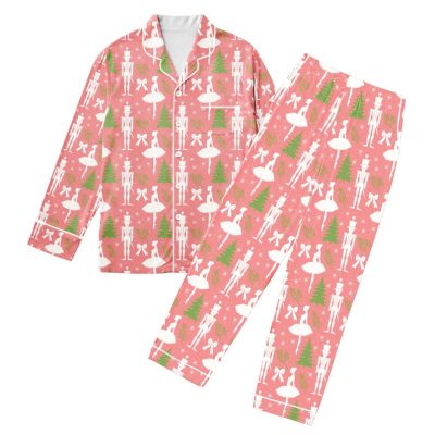 Nutcracker Coquette Christmas Pajamas Set Women, Pink Fairy Holiday Pajamas Set